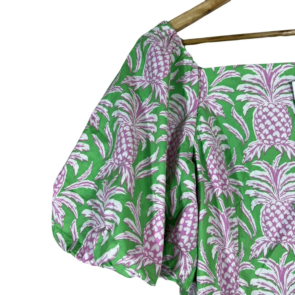 NWT Crown & Ivy Pink Pineapple Mini Dress Green Tropical Puff Sleeve Size 12 - Picture 2 of 7